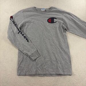 Champion Long Sleeve T-Shirt Mens Medium Gray Script Logo Tee VTG 90s Big Logo